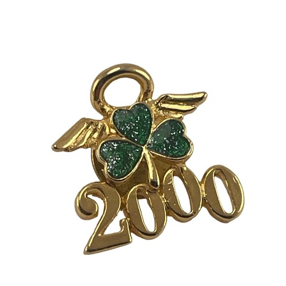 Vintage 2000 Shamrock Angel Pin Brooch Green Glitter Clover Gold-Tone Lapel Jewe - Picture 3 of 6